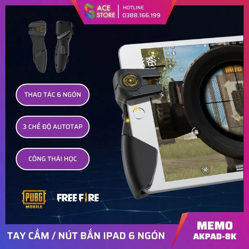 Memo AKPAD8K | Tay cầm nút bấm auto tap 6 ngón dành cho tablet táo/Tablet Android