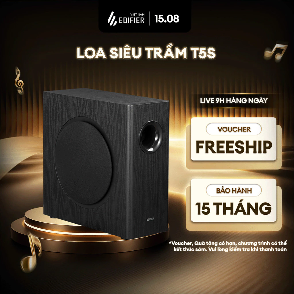 Loa Sub Trầm EDIFIER T5S - Công Suất 70W - Hỗ Trợ Tăng Âm Bass - Vỏ Gỗ Chống Dội Âm - Loa Bass 8" - 15 Tháng Bảo Hành