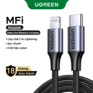 [Cho iPhone 8 -14 MFi] Cáp Sạc Nhanh UGREEN Nylon Dù USB-C to Lightning | Đạt chứng nhận MFi Apple | Chắn chắc - US304-cho iPhone 11 12 13 14/ iPad Pro Air/ Air Pod Pro