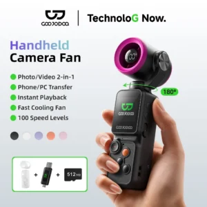 Quạt máy ảnh cầm tay GOOJODOQ GFS025, 100 cài đặt tốc độ quạt, tích hợp ảnh / video, hệ thống độc lập kép, chia sẻ dữ liệu liền mạch, khe cắm thẻ SD.