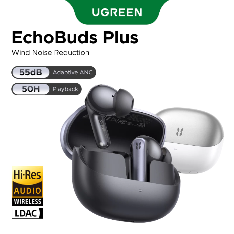 Tai nghe không dây UGREEN HiTune EchoBuds Plus, Bluetooth 6.0, chống ồn chủ động -55dB ANC , pin 50h, LDAC, Hi-Res, IPX5, Hỗ trợ ứng dụng