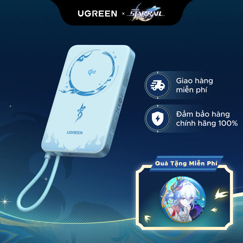 【Phiên Bản Honkai: Star Rail】UGREEN 10000mAh 15W Sạc từ tính 30W Max Power Bank Cáp tích hợp Tương thích với iPhone 17 Series