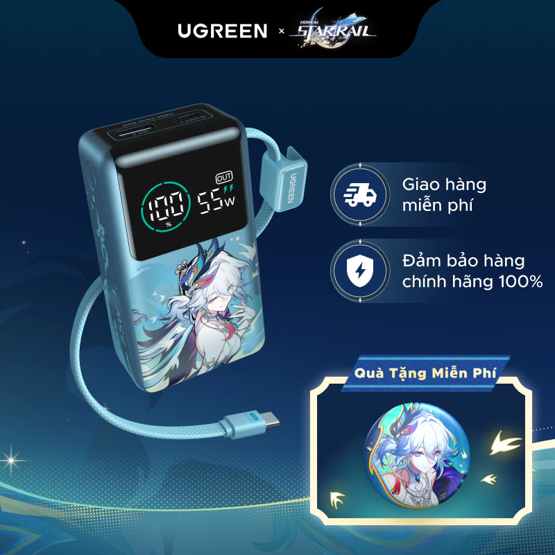 【Phiên Bản Honkai: Star Rail】UGREEN Power Bank 10000mAh 55W kèm cáp USB C tích hợp 3 cổng Sạc di động du lịch máy tính xách tay, đèn LED màn hình lớn Sạc nhanh cho Xiaomi và hơn thế nữa