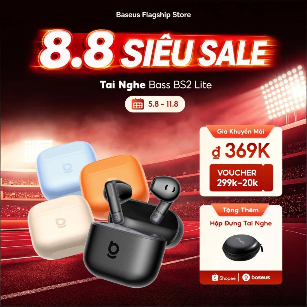 Tai Nghe Bass BS2 Lite Bluetooth 6.0 Đàm thoại rõ nét với micro kép Al Tăng cường âm trầm Thiết kế bán in-ear thoải mái
