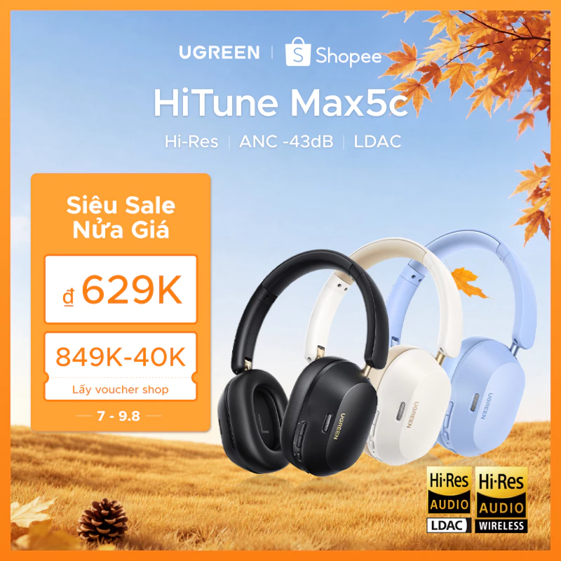 Tai nghe Bluetooth chụp tai UGREEN HiTune Max5c ANC chống ồn chủ động, Hi-Res, Bluetooth 5.4, pin 75h