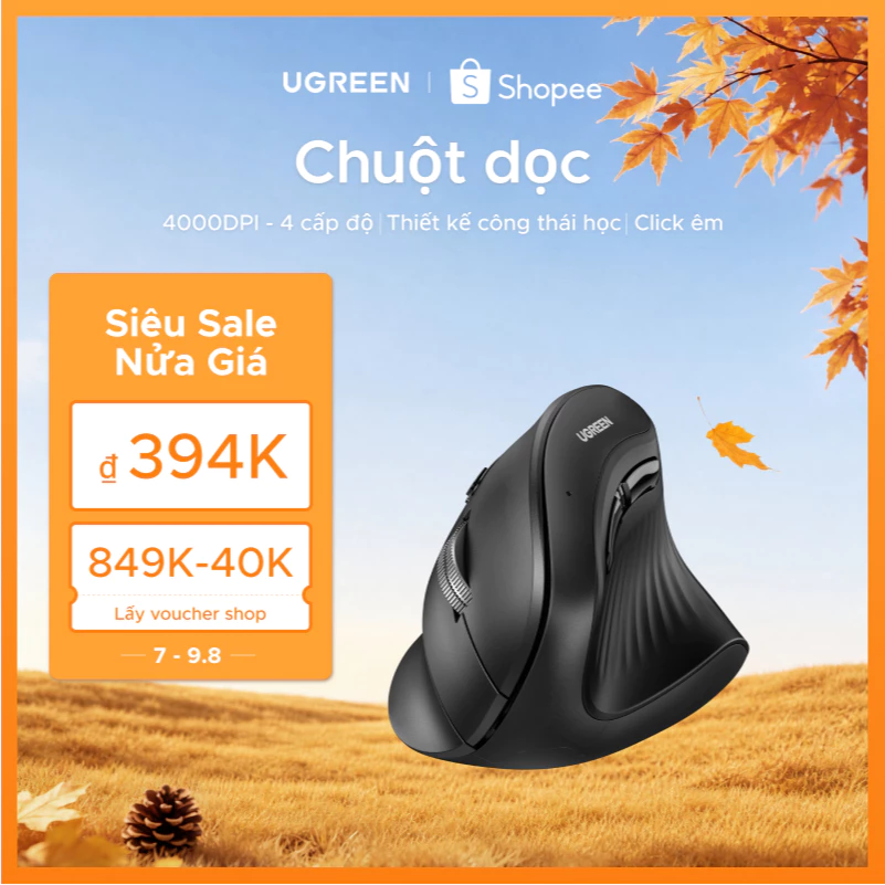 UGREEN Chuột không dây Bluetooth 5.0+2.4G Chuột bấm im lặng không dây 4000DPI dọc tiện dụng cho máy tính xách tay laptop MCBook PC Tablet PAD Windows Mac OS