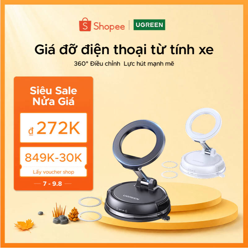 UGREEN 360° Giá Đỡ Điện Thoại Xe Từ Tính Chân Không Có Thể Gập Lại Và Xoay Chắc Chắn Lực Hút Mạnh Cho iPhone 12 13 14 15 16 Pro Max