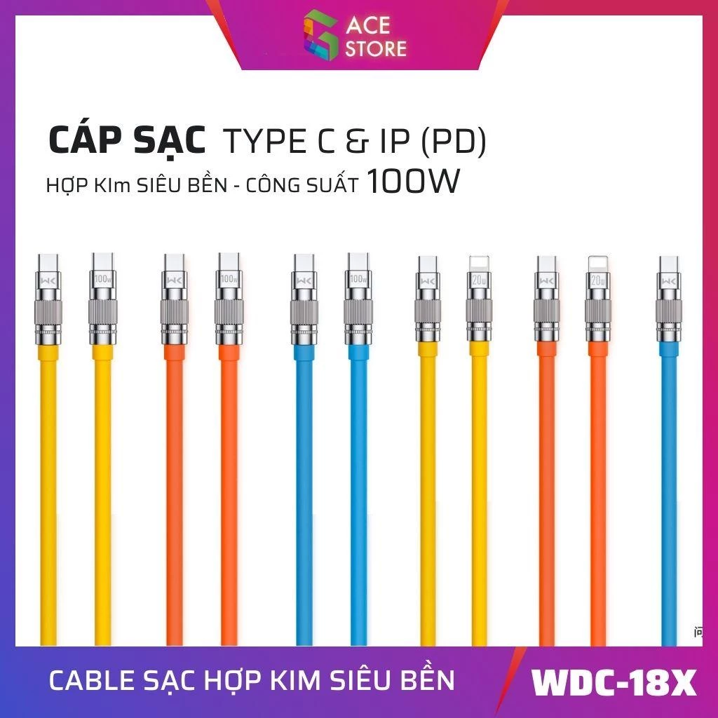 Cáp Sạc Siêu Bền Type C và iP 100W/PD20W/6A Hợp Kim, Chống Rối, Tốc Độ Siêu Nhanh, Bọc Cao Su Non