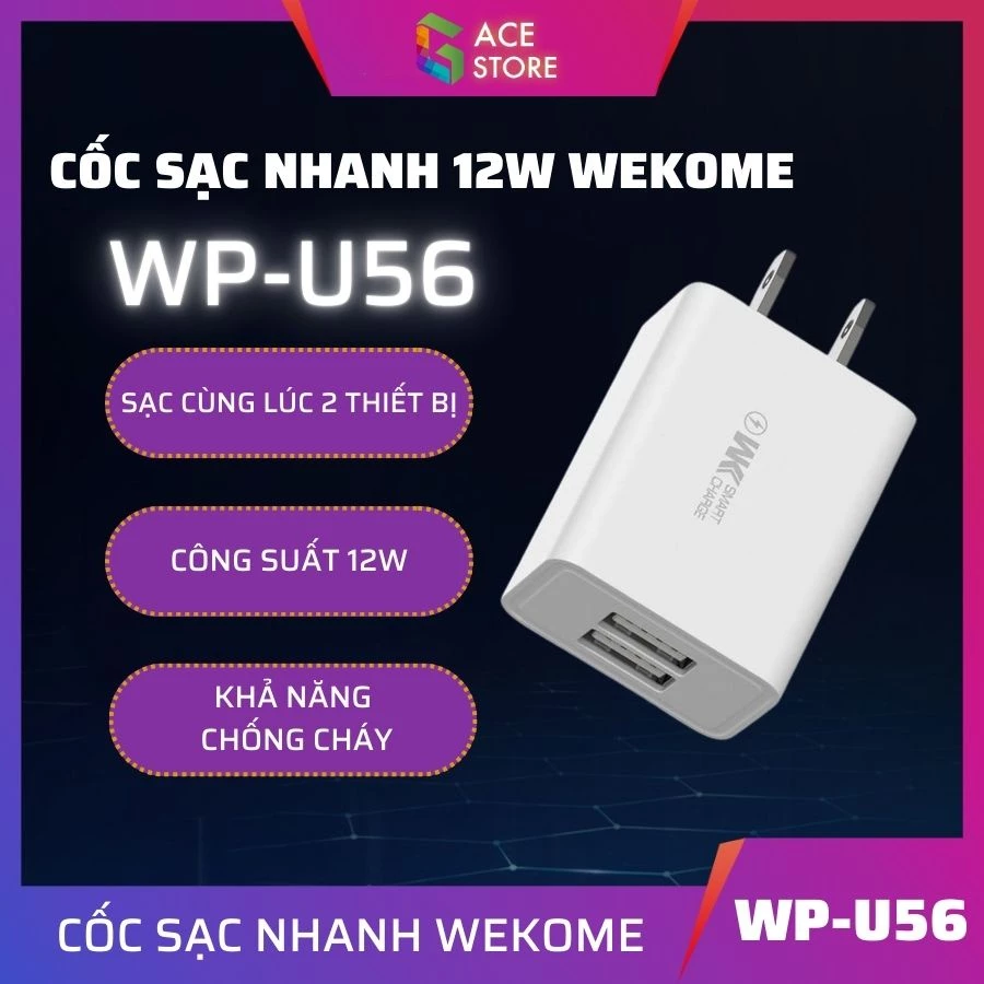 Wekome U56 | Củ sạc nhanh 2 cổng công suất lớn 12W