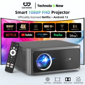 Máy chiếu Netflix Goojodoq Bluetooth 5.0 Full HD 1080P 4K Android 13 với Trợ lý giọng nói AI Máy chiếu quang học kín