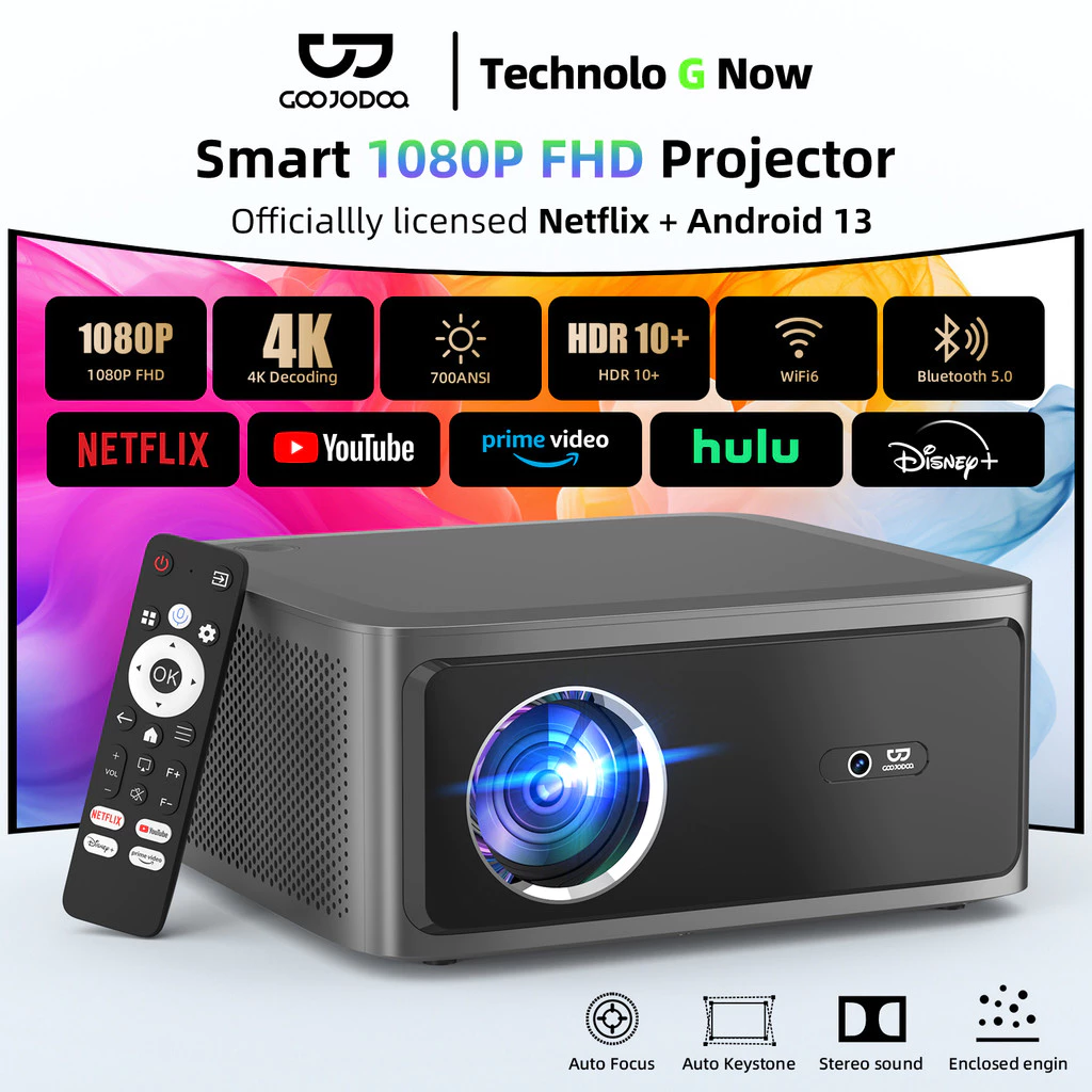 Máy chiếu Netflix Goojodoq Bluetooth 5.0 Full HD 1080P 4K Android 13 với Trợ lý giọng nói AI Máy chiếu quang học kín