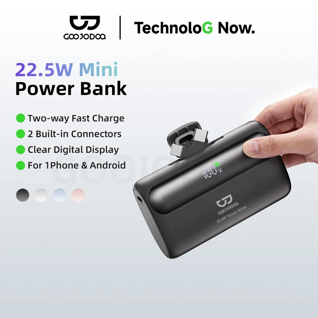 Pin dự phòng GOOJODOQ 10000mAh với sạc siêu nhanh 22.5W, tích hợp giao diện Light-ning và USB-C, cùng màn hình LED