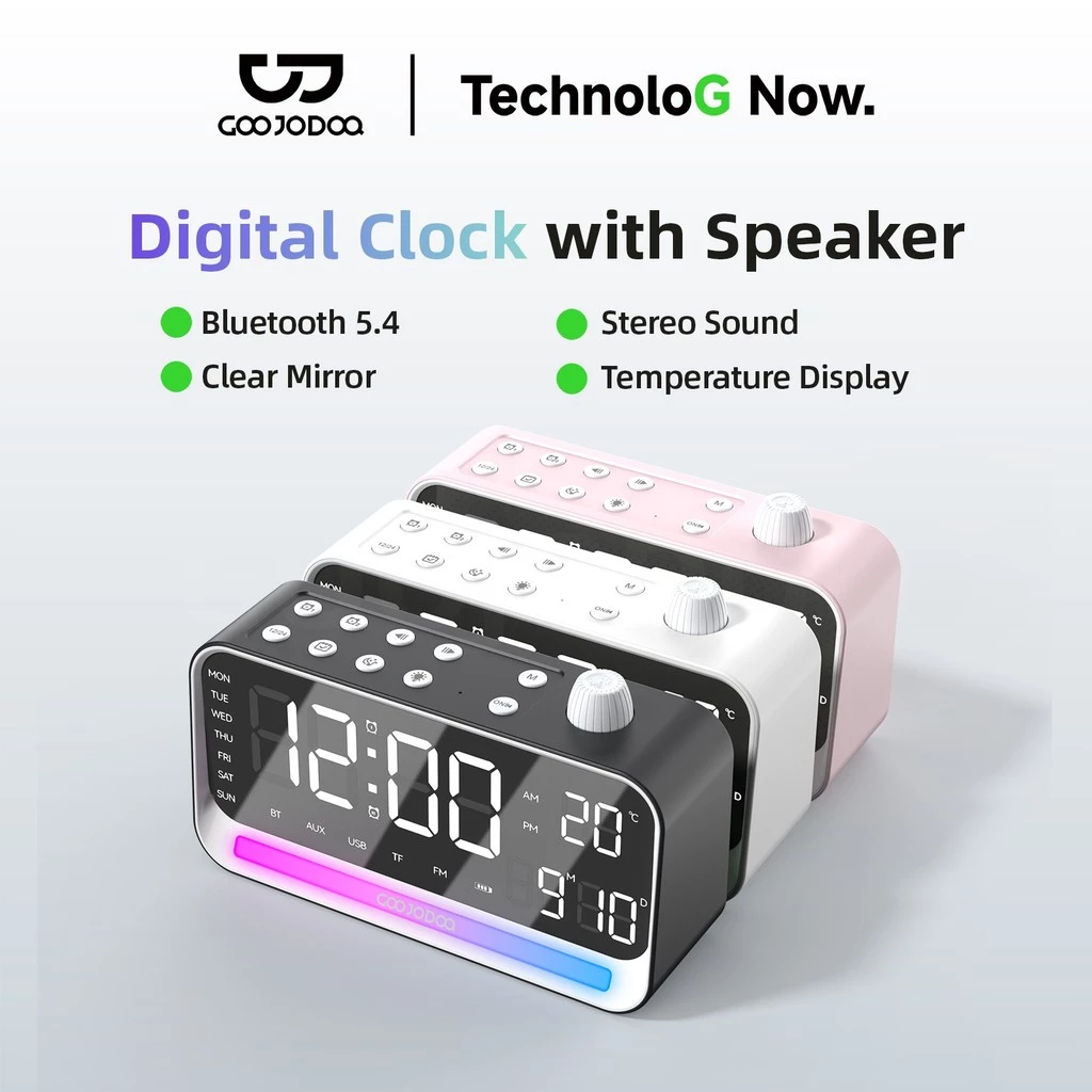 Loa Đồng Hồ Bluetooth GOOJODOQ Hiển Thị Giờ/Nhiệt Độ, Stereo, Đèn Ngủ, TF/USB/AUX/FM