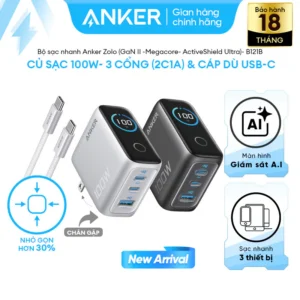 [SVIP] Bộ sạc nhanh Anker 100W Smart Display | 3 cổng 2C1A | Công nghệ GaN | Gập gọn | Dành cho Laptop, iPhone – B121B