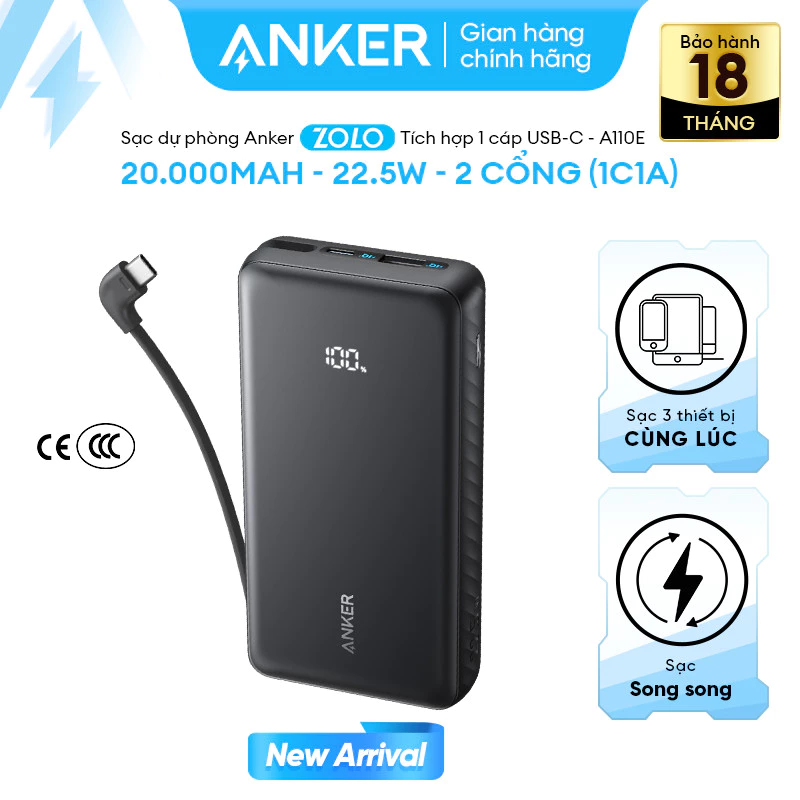Sạc dự phòng Anker Zolo 10kmAh/20kmAh 22.5W | Tích hợp cáp USB-C | 2 Cổng 1C1A | Sạc 3 thiết bị - A110D/E