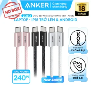 [NO BOX] Cáp sạc nhanh Anker USB-C to USB-C cho iPhone 15 đến iPhone 17 series / Android / Laptop | Công suất 140W/240W