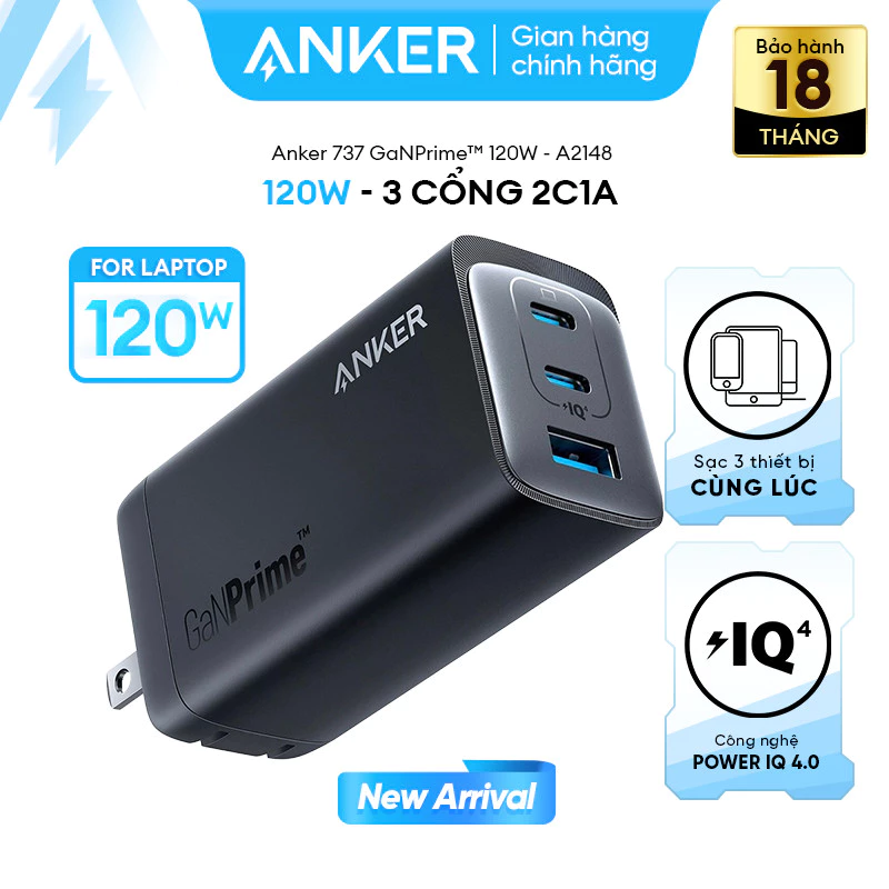 Củ sạc nhanh 120W cho Laptop | Củ Sạc nhanh Anker 3 cổng 2C1A 737 GaNPrime - 120W - Hỗ trợ GaN, PowerIQ - A2148