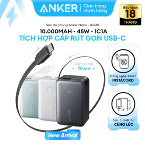 Sạc dự phòng Anker Nano 10.000mAh | Sạc nhanh 45W | 2 cổng 1C1A | Tích hợp cáp USB-C rút gọn | Sạc 3 thiết bị - A1638