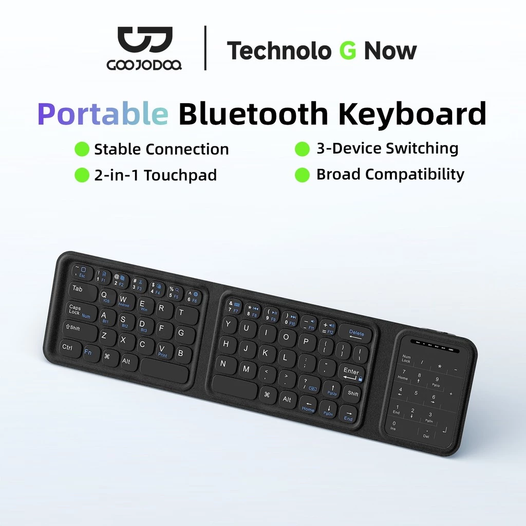 Bàn Phím Bluetooth Gập 3 GOOJODOQ Siêu Gọn, Touchpad + Bàn Số, Kết Nối 3 Thiết Bị, Pin 40 Giờ