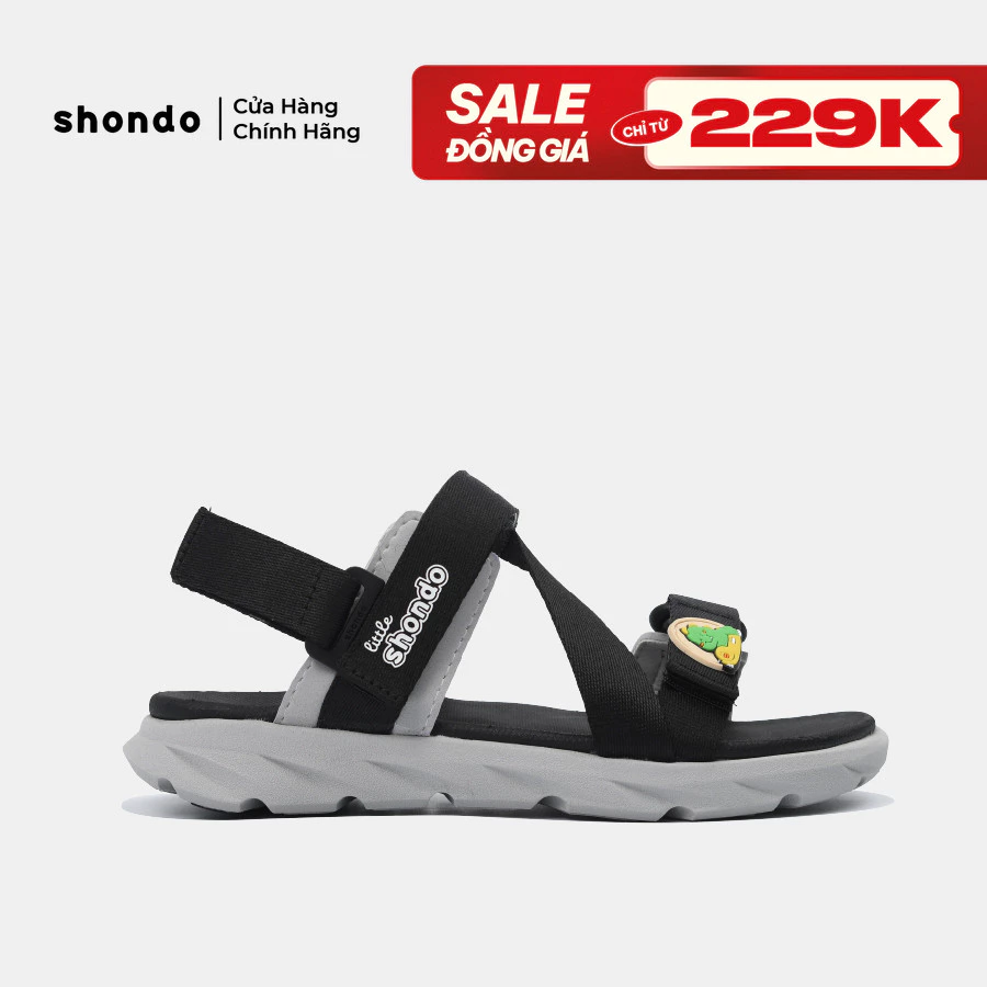 Giày Sandal Quai Dán Bé Trai Bé Gái Little Shondo 6 Tem Khủng Long Màu Đen Xám Li62211