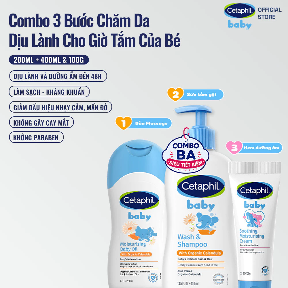 Combo Dầu massage dưỡng ẩm 200ml & Sữa tắm gội hoa cúc hữu cơ 400ML & Kem dưỡng ẩm và làm dịu 100G