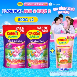 Combo 2 Túi Sữa Tắm Gội thiên nhiên Sạch Dịu Nhẹ & ẩm mịn Cho Bé Carrie Junior Cheeky Cherry 500g x2 (quà mùi ngẫu nhiên