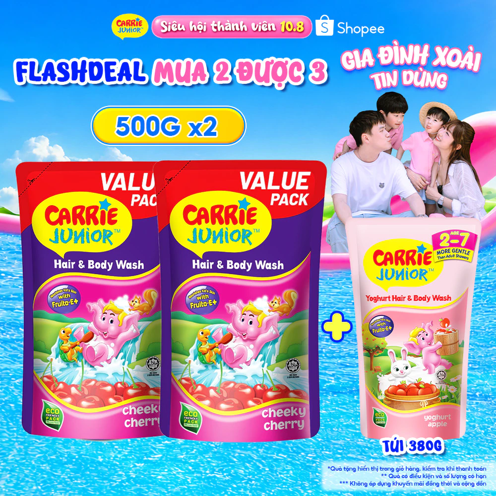 Combo 2 Túi Sữa Tắm Gội thiên nhiên Sạch Dịu Nhẹ & ẩm mịn Cho Bé Carrie Junior Cheeky Cherry 500g x2 (quà mùi ngẫu nhiên