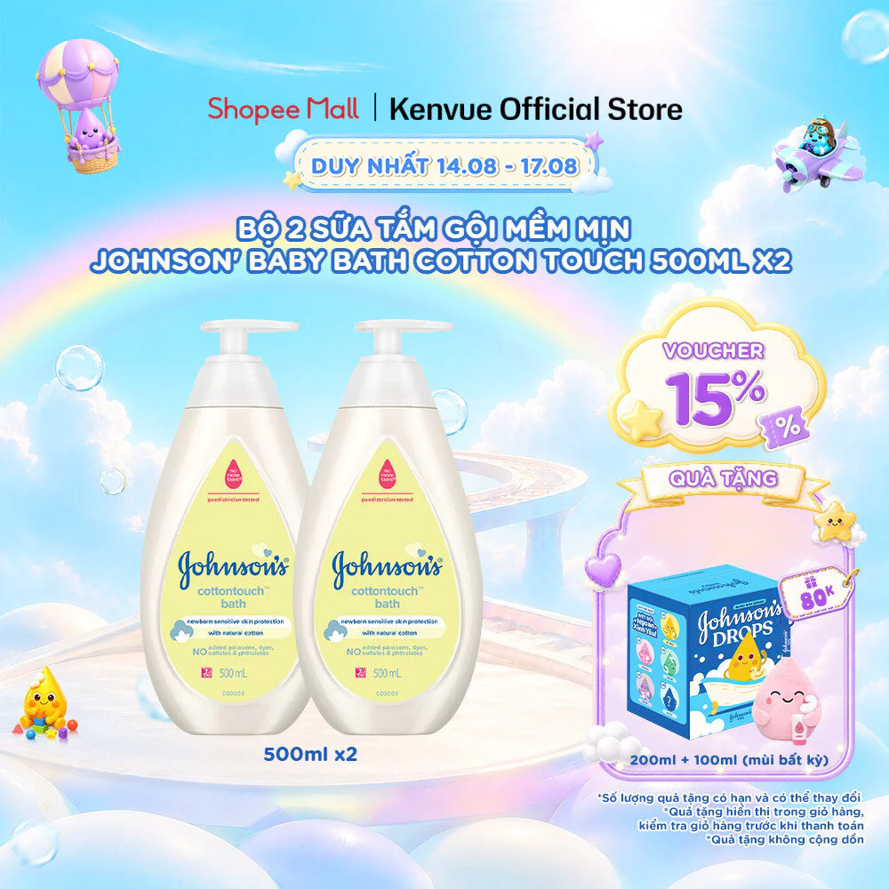 Combo 2 Chai Sữa Tắm Gội Toàn Thân Mềm Mịn Johnson's Baby Bath Cotton Touch 500mlx2