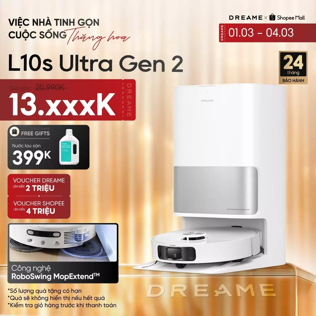 Robot hút bụi Dreame L10s Ultra Gen 2 - Lực hút 10.000Pa, Lau xoè thông minh
