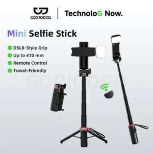 Gậy selfie mini GOOJODOQ có góc điều chỉnh được, điều khiển từ xa Bluetooth và chiều dài từ 130mm - 410mm, rất chắc chắn