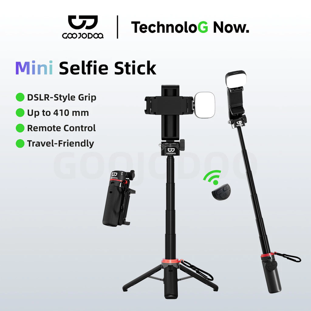Gậy selfie mini GOOJODOQ có góc điều chỉnh được, điều khiển từ xa Bluetooth và chiều dài từ 130mm - 410mm, rất chắc chắn