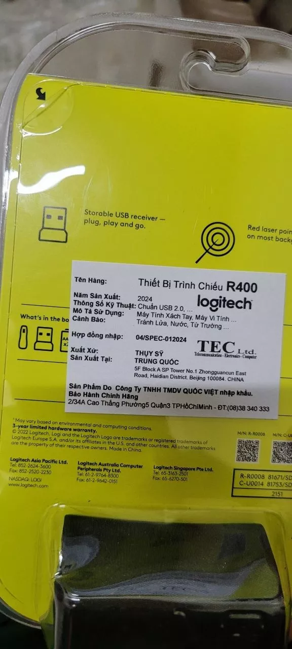 Bút trình chiếu từ xa Logitech R400 - Không dây USB 15m, nút bấm tiện lợi