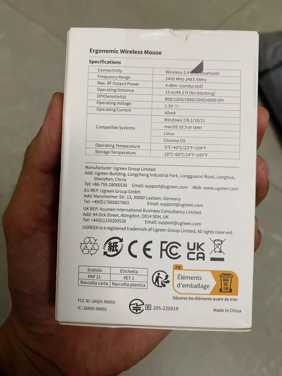 Chuột không dây UGREEN, 6 nút im lặng, 2.4G có đầu thu Mini USB, cài đặt DPI 5 cấp độ 4000DPI, máy tính xách tay PC / Mac / Linux