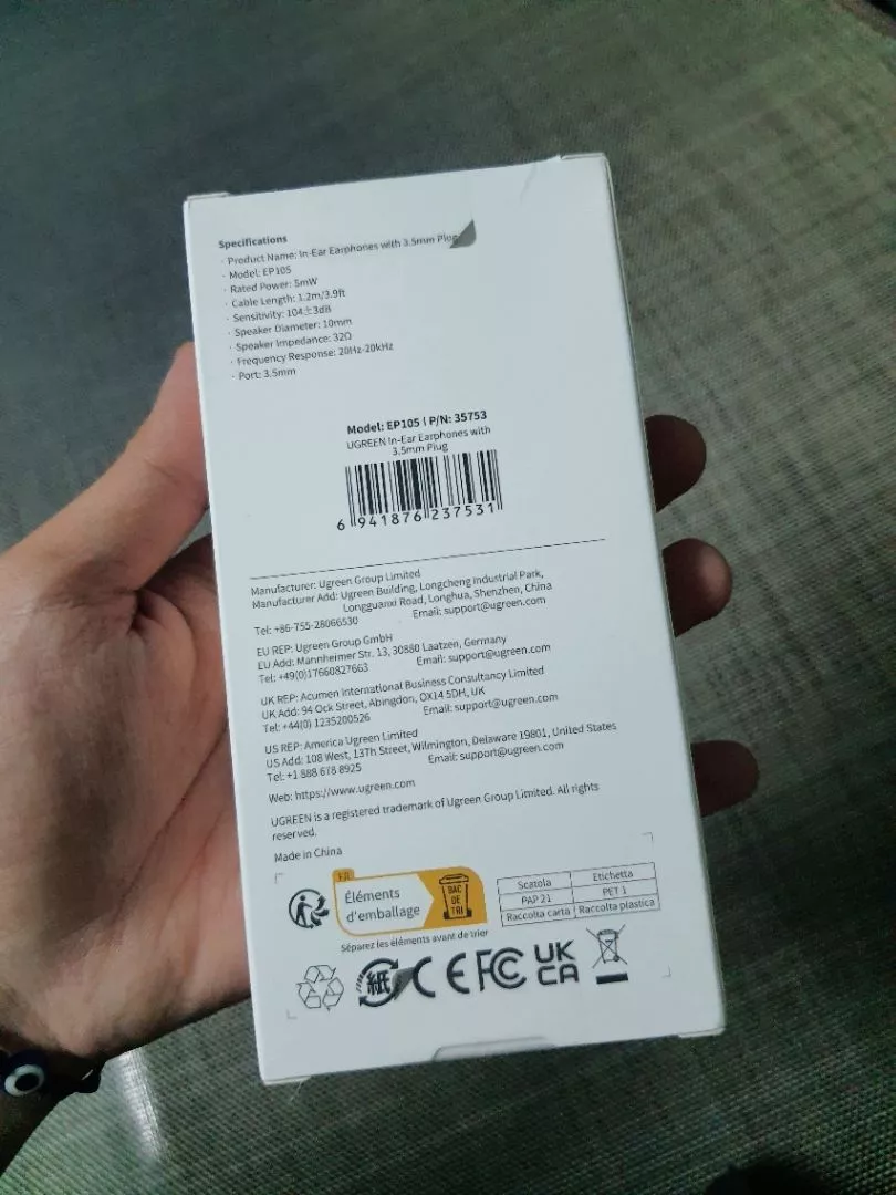 Tai nghe nhét tai UGREEN Aux, Tai nghe có dây 3,5 mm Điều khiển âm lượng cách ly tiếng ồn có micrô cho AndroidMP3 / MP4 / Pad