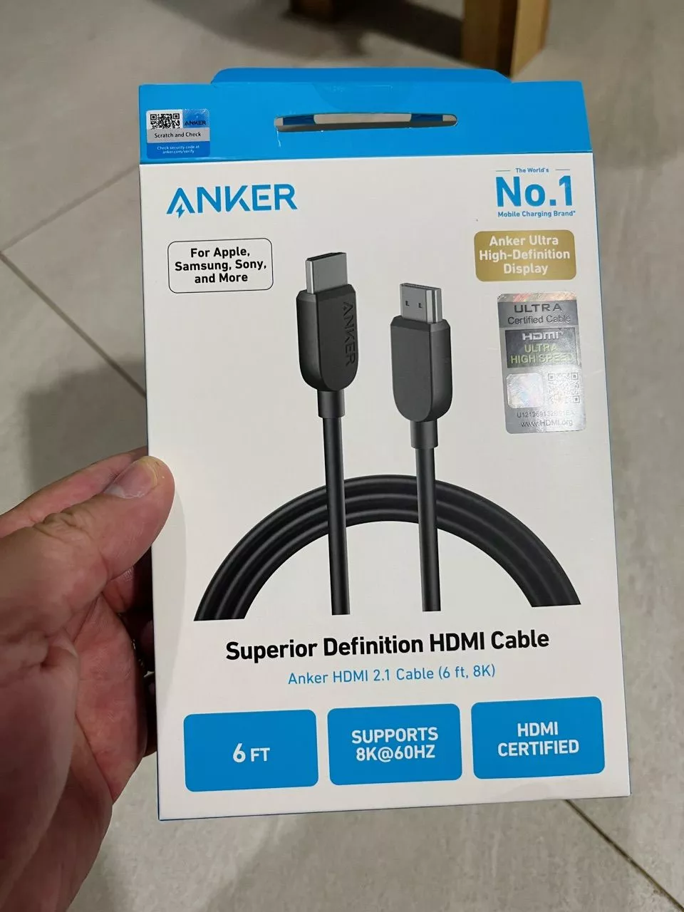 Cáp chuyển đổi Anker HDMI to HDMI Cord | Dài 1.8m | HDMI 2.1 48 Gbps | Hỗ trợ 8K@60Hz - A8742
