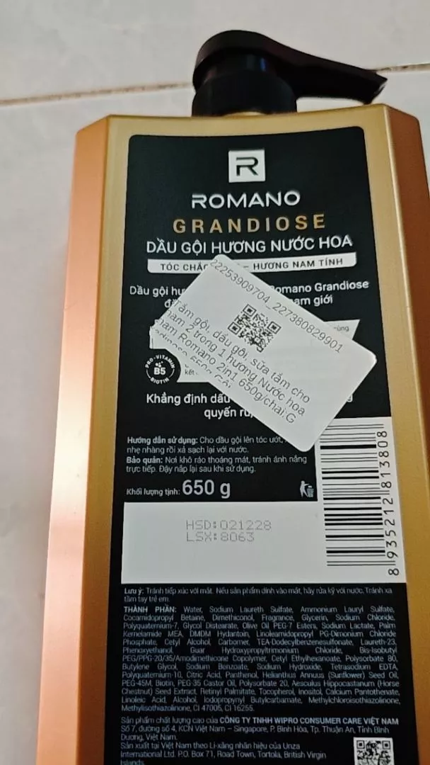 Tắm gội, dầu gôi, sữa tắm cho nam 2 trong 1 hương Nước hoa nam Romano 2in1 650g/chai
