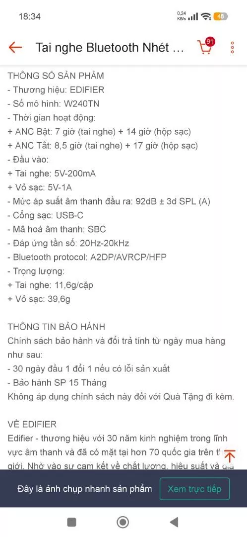 Tai nghe Bluetooth Nhét Tai Không Dây EDIFIER W240TN - Khử Ồn Hiệu Quả - Chơi Nhạc Đến 25H - 15 Tháng Bảo Hành