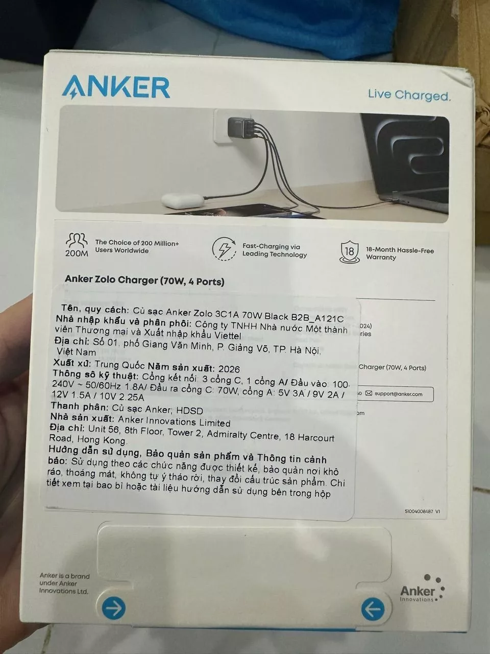 Củ sạc nhanh Anker Zolo 70W | 4 cổng (3 cổng USB-C & 1 cổng USB-A) | Chân gập gọn nhẹ | Sạc nhanh đa thiết bị - A121C