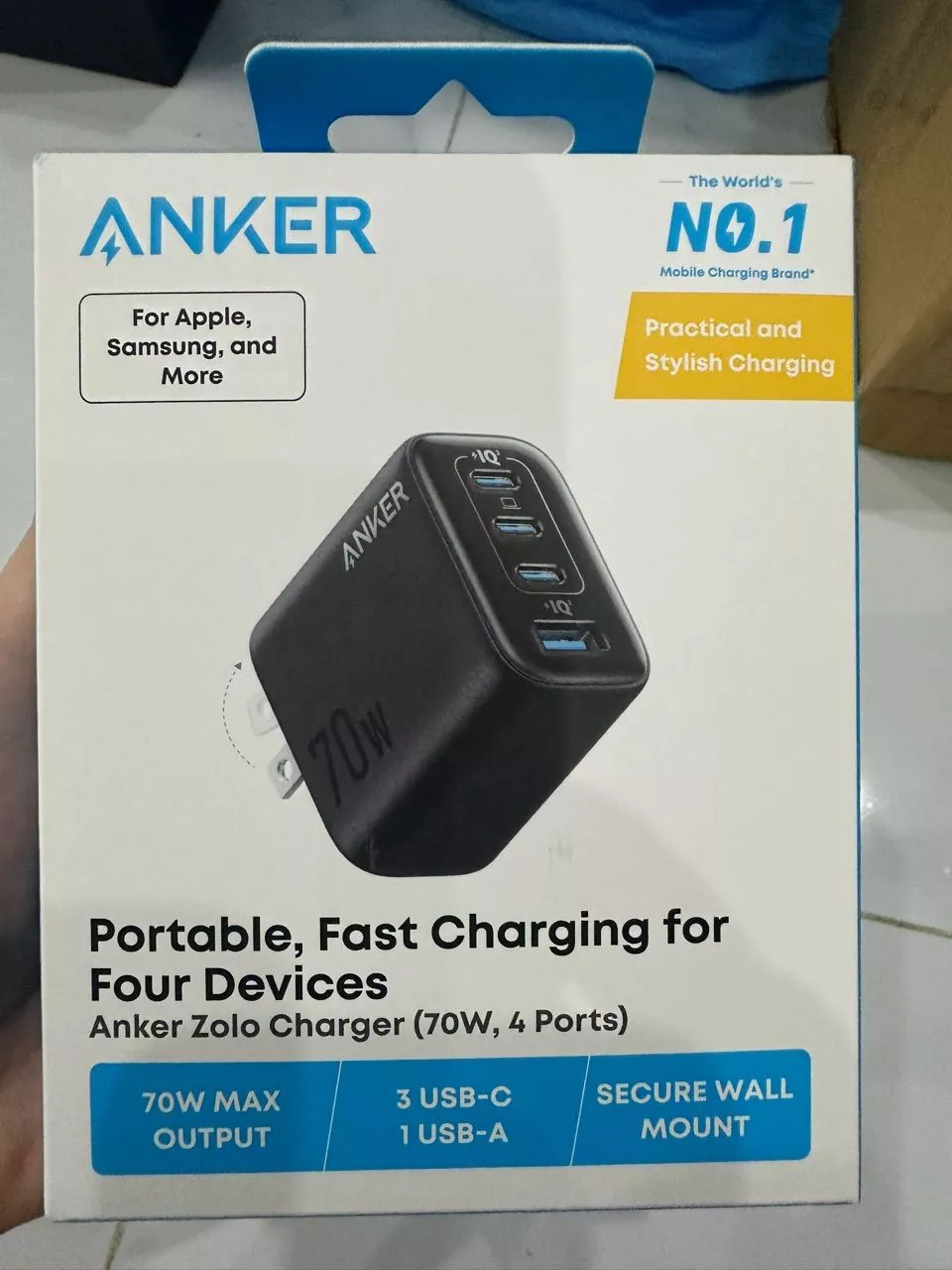 Củ sạc nhanh Anker Zolo 70W | 4 cổng (3 cổng USB-C & 1 cổng USB-A) | Chân gập gọn nhẹ | Sạc nhanh đa thiết bị - A121C