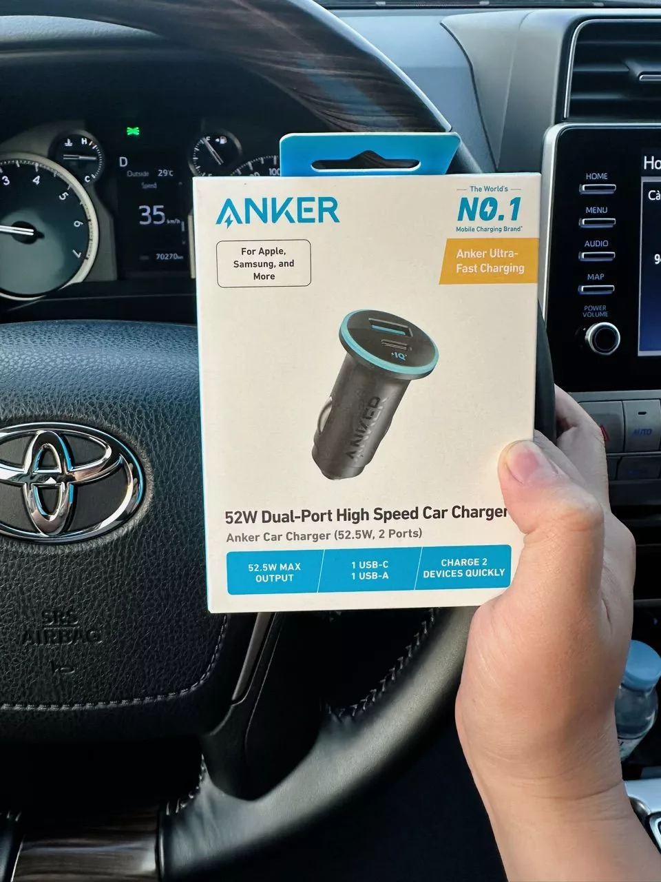 Tẩu sạc xe hơi Anker 52.5W | 2 cổng USB-C & USB-A | Sạc 2 thiết bị | Sạc nhanh PowerIQ 3.0, Active Shield - A2735