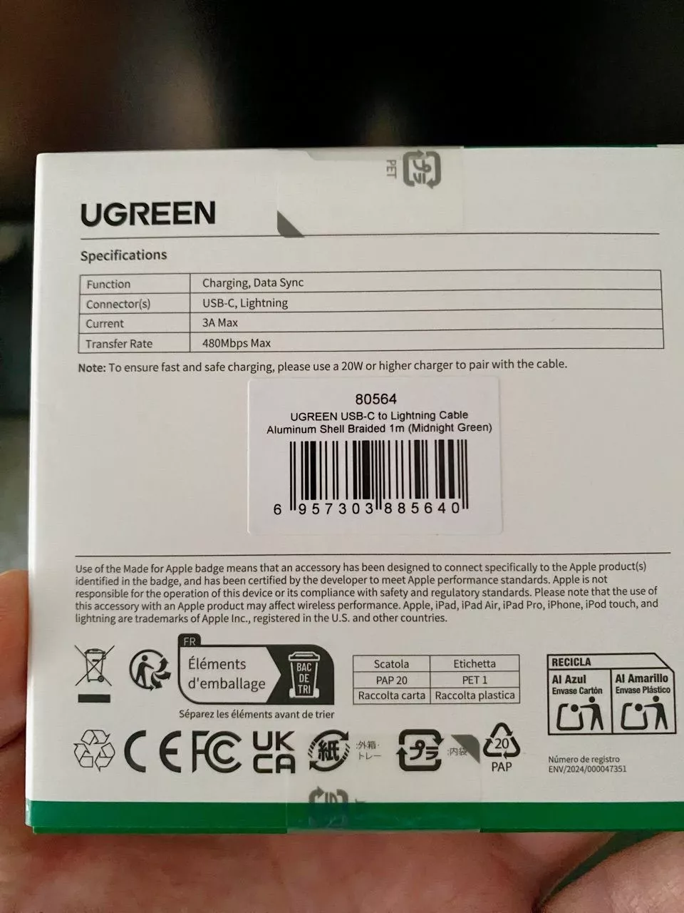 Cáp sạc nhanh UGREEN USB-C 20W 3A đạt chứng nhận MFI thích hợp cho iPhone 12 13 14 Plus 14 Pro Max iPad Pro Airpod Pro