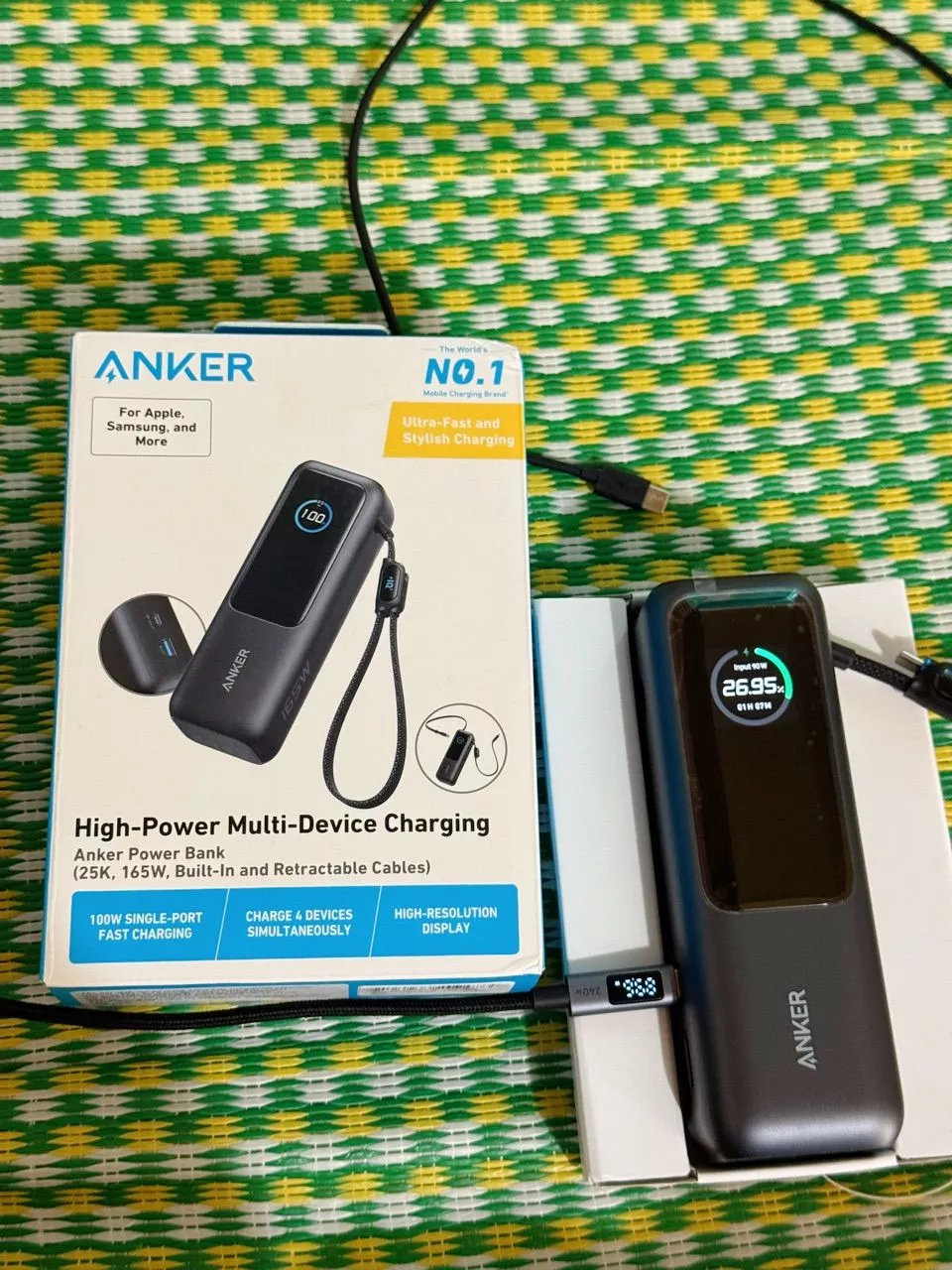 Sạc dự phòng ANKER Zolo 25kmAh | Công suất 165W | Tích hợp 2 cáp USB-C rút gọn | Có màn hình - A1695