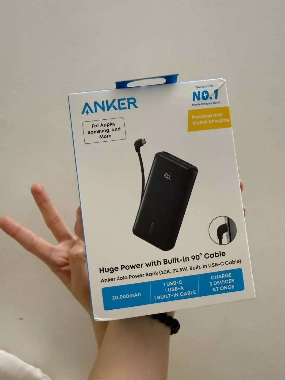 Sạc dự phòng ANKER Zolo 20kmAh 45W | 2 cổng 1C1A | Tích hợp 2cáp USB-C cho iP15/16/17/Samsung | Sạc nhanh - A1681C
