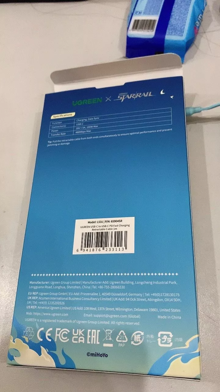 UGREEN Cáp dữ liệu sạc có thể thu vào Phiên Bản Honkai: Star Rail 100W USB-C sang USB-C Hỗ trợ cáp sạc nhanh Samsung 45W cho iPhone 17 Pro Max
