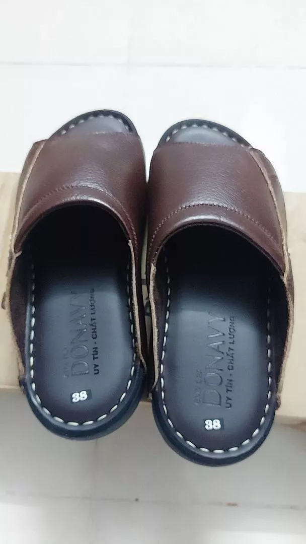 Dép Sa-Bo Quai Ngang Trơn Da Bò DONAVY Cao Cấp, Đế Cao Gần 3cm Mặt Da Mang Êm Chân (Đen+Nâu) D.SM