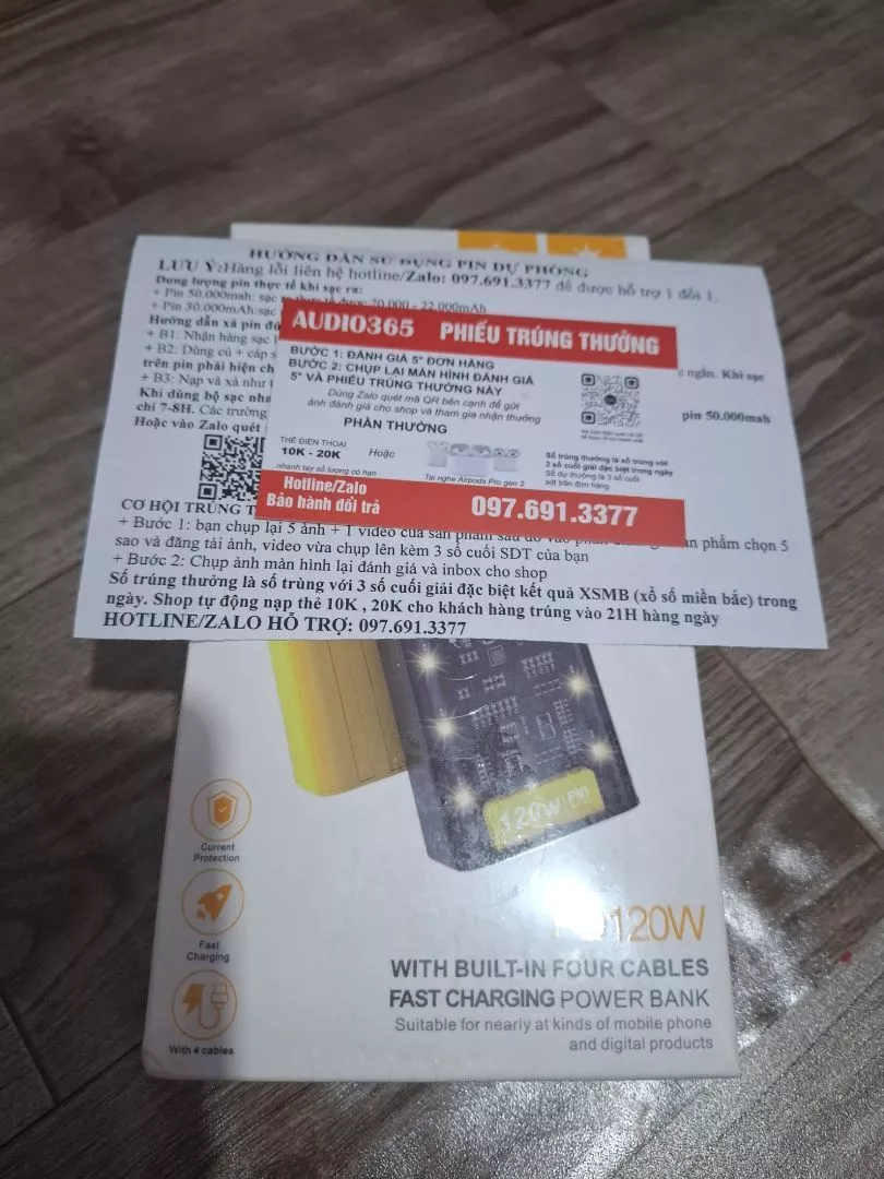 Bộ sạc điện thoại 50.000mAh, sạc nhanh PD,120W, kèm 4 cáp sạc, tích hợp đèn led, BH 6 tháng - AUDIO365
