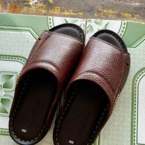 Dép Sa-Bo Quai Ngang Trơn Da Bò DONAVY Cao Cấp, Đế Cao Gần 3cm Mặt Da Mang Êm Chân (Đen+Nâu) D.SM