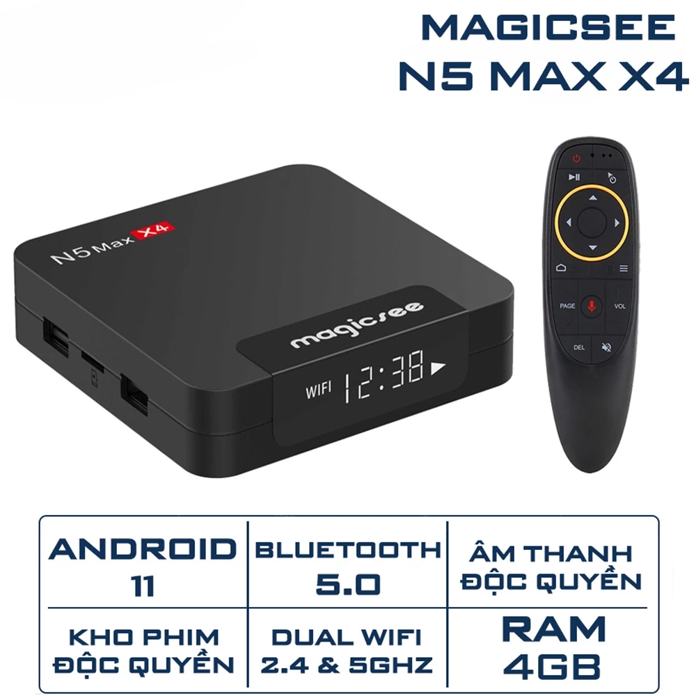 Android tivi box Magicsee N5 max X4 - Chip S905X4 , Android 11 , Ram 4GB , bộ nhớ 32GB , phiên bản 2022