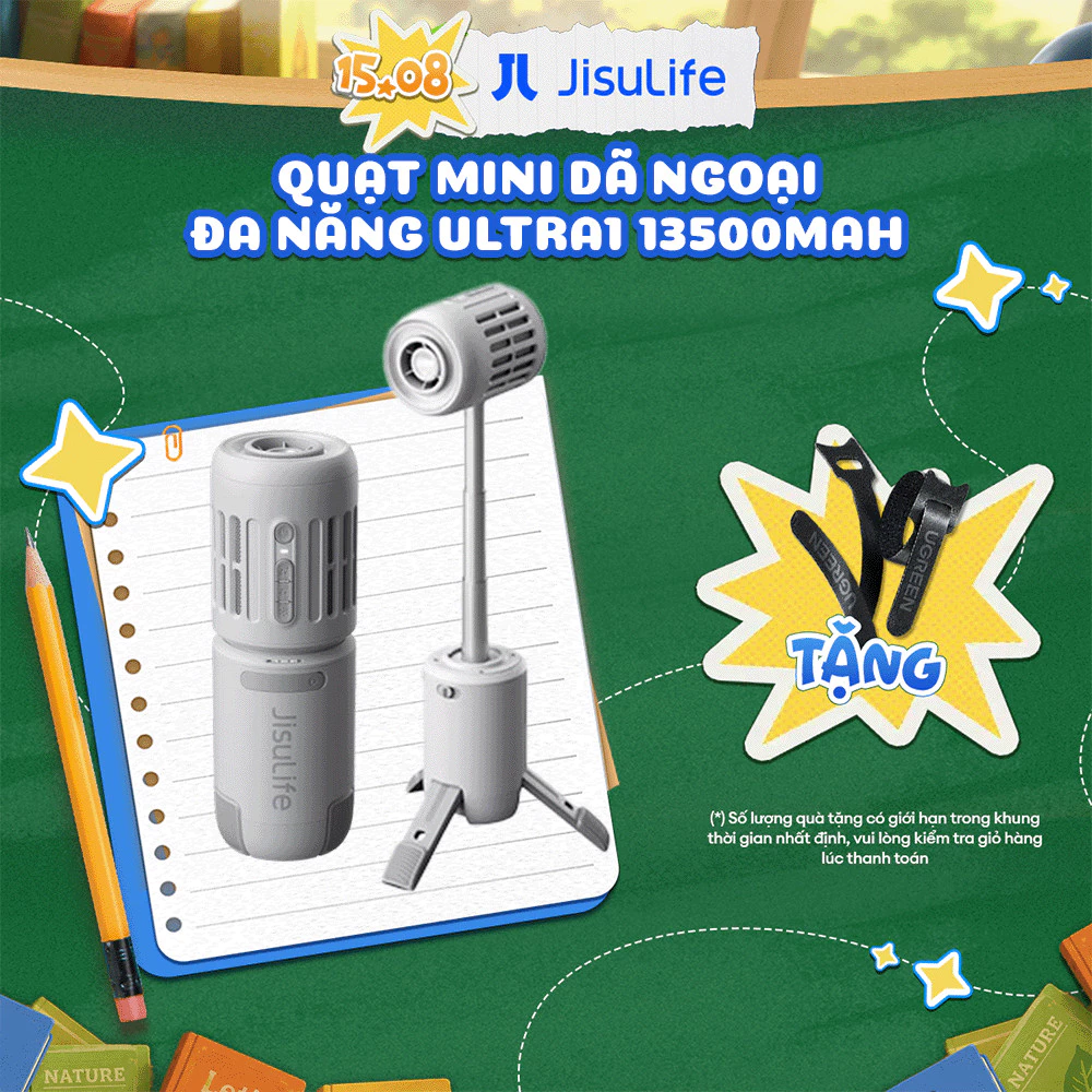 Quạt ngoài trời đa năng 3 in 1 13500mAh Jisulife Ultra1 | Tích hợp đèn pin và sạc qua USB-A/USB-C | BH 12 tháng 1 đổi 1