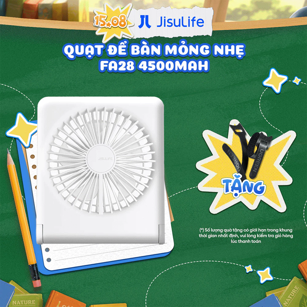 Quạt mini để bàn di động 4500mAh Jisulife FA28 | Hoạt động êm ái không gây tiếng ồn | 4 cấp độ gió | BH 12 tháng 1 đổi 1